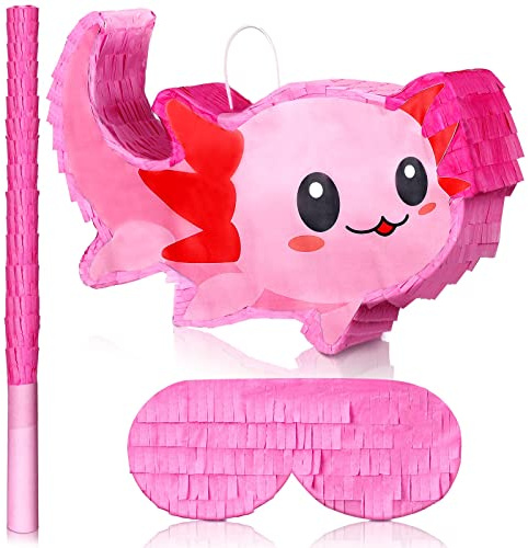 Sratte Pink Axolotl Piñata Cute Axolotl Party Supplies Piñata with Blindfold and Bat Party Decorations for Birthday Fiesta Supplies, 14.96 x 9.45 x 2.95 inch