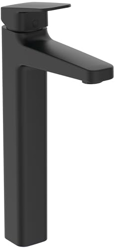 Ideal Standard BD238XG Ceraplan Waschtischarmatur H250, verlängerter Sockel, mit Zugknopf-Ablaufgarnitur, Ausladung 13,8 cm, Schwarz (Silk Black)