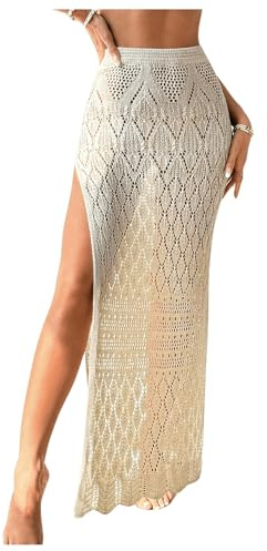 SHENHE Women's Crochet Swim Cover Up High Slit Sheer Long Beach Skirt Cover Up Apricot Small