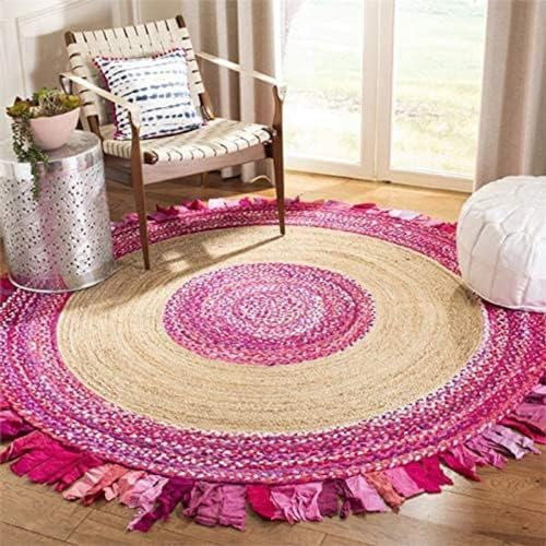 Jaipur Art And Craft Runder Teppich für den Innenbereich aus natürlich geflochtener Jute und Baumwolle mit Schneidstreifen– (3x3 Quadratfuß)