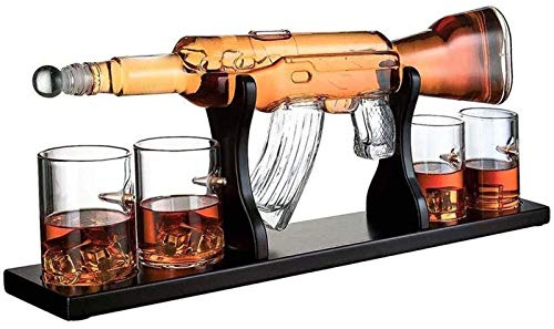 AK47 Big Pistol Whisky Decanter Set - 1000 ML Home White Wine Decanter with 4 Bullet Cups - Ideal for Vodka, Rum, Tequila - Brandy Glass Set in Safe Package - Wooden Base