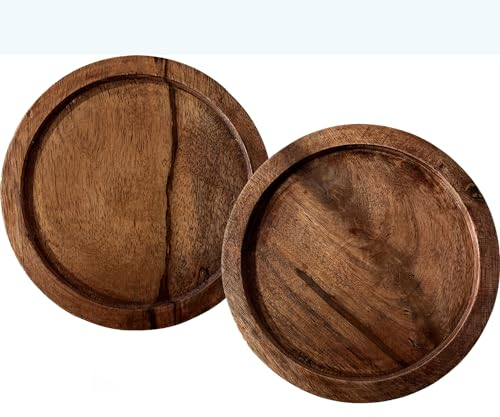 Marrakesch 2er Set Tablett aus echtem Akazienholz Rund 15 cm für Indoor Outdoor | einsetzbar als Pflanzentopf-Untersetzer Kerzenteller Schlüsselablage Serviertablett oder Schmucktablett