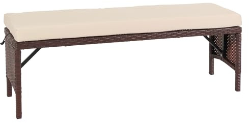 Mendler Banco de ratán sintético HWC-G16, banco de jardín de ratán, 112 cm, marrón, cojín crema