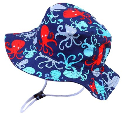 FUYAO Baby solhatt barn småbarn pojkar strand solskydd hatt sommar lekhattar justerbar hakrem hinkhatt, Marinblå bläckfisk, 2-4 År