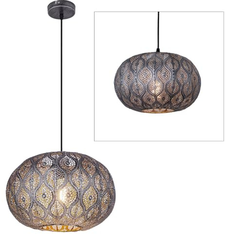 Decken Pendelleuchte im orientalischen Design Hängelampe mit rundem Lampenschirm, schwarz silber-metallic, 1x E27, DMxH 30x120cm, Wohnzimmer Esszimmer