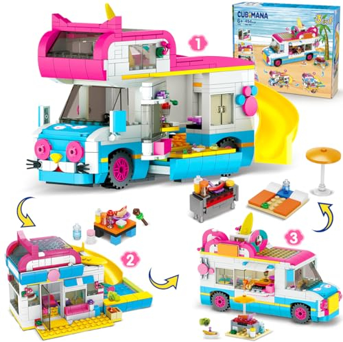 CUBIMANA 3-in-1 Wohnmobil Bausteine Spielzeug, Campingbus Wohnwagen Konstruktionsspielzeug mit Rutsche und Aufklebern, Geschenke für Kinder Mädchen und Jungen ab 6 7 8 9 10 11 12+ Jahre (494PCS)