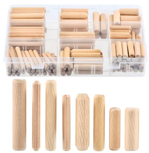 BUGYOO 200Pcs Wooden Dowel Pins with Tapered End with Bevel Angle Groove Wood Peg - 9 Sizes, Small Wooden Dowels Fluted Dowel Pins Assorted Used for Crafts, Furniture, Door, Woodworking