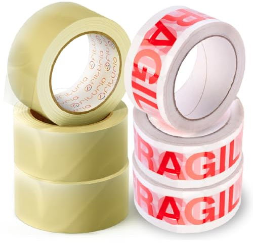 OFITURIA Ruban Adhésif, Ruban d'Emballage Idéal pour l'Emballage de Cartons, Expéditions et Déménagements, Pack 6 Rouleaux Ruban, Bande Adhésive Sécurisée et Résistante (3 Transparent, 3 Fragile)