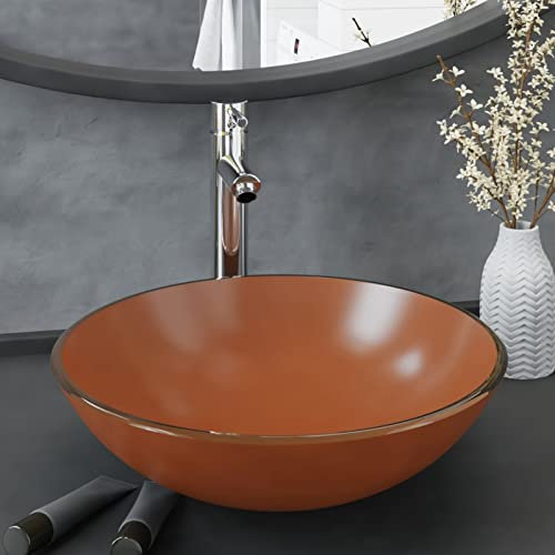 JUDYY Badezimmer Waschbecken mit Wasserhahn und Ablaufgarnitur Braun Gehärtetes Glas, Aufsatzwaschbecken, Waschtisch, Aufsatzwaschtisch, Wash Basin, Badmöbel, Bathroom Sink 3098454