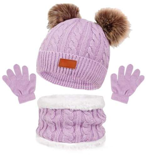 Generisch Kinder Wintermütze Schal Handschuhe Set, Strickmütze mit Bommel Warme Winter Mütze Beanie Hut Handschuhe Runder Schal Set für Kinder Mädchen Junge 1-5 Jahre (Lila)
