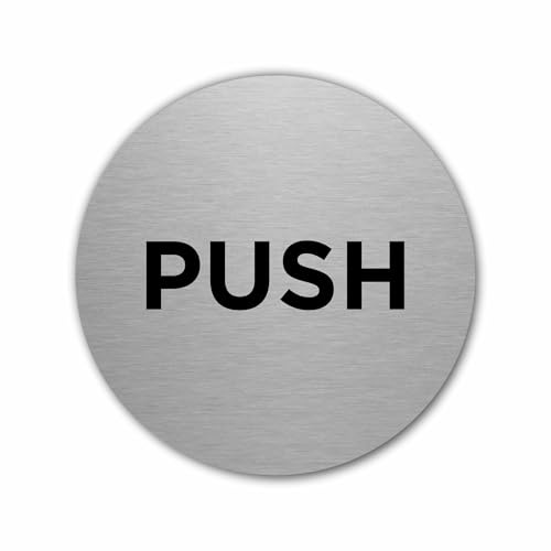 ViroDisplay® “Push” Circular Aluminium Sign – 75 x 75mm – Durable Brushed Aluminium for Outdoor & Indoor Use – Self-Adhesive Fixing (1)