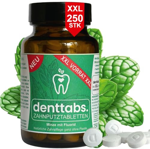 denttabs Zahnputztabletten Minze mit Fluorid im XXL Vorratsglas 250 Tabs, ausreichend für 4 Monate natürliche Zahnpflege. Die vollwertige Alternative zu herkömmlicher Zahncreme.