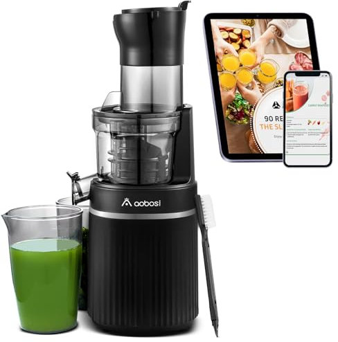 Aobosi Licuadora para verduras y frutas con Apertura da 80 MM, Licuadora prensado en frio con Función marcha atrás/Motor silencioso/Libre de BPA/Negro