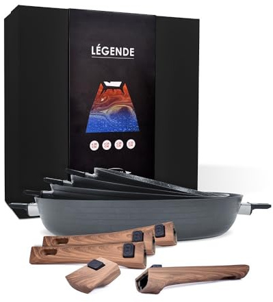 Durandal - Juego de 4 sartenes antiadherentes, leyenda con mangas extraíbles, 20,24,28,32 cm, batería de cocina compatible con horno, inducción