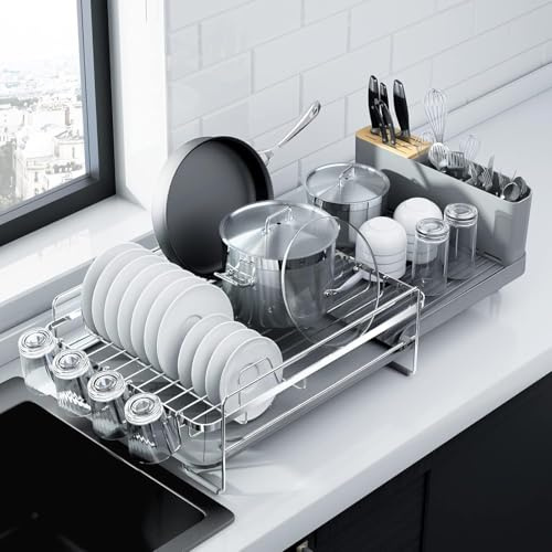 Kitsure Dish Drainer Rack - Extendable Dish Drainer, Multifunctional Dish Rack for Kitchen Counter, Anti-Rust Draining Board Rack with Cutlery & Cup Holders, 67.8cm x 32.7cm x 14.9cm, Silver