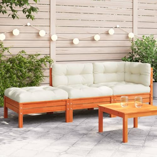 Homgoday 3er-Chaiselongue aus Kiefernholz mit Kissen - Wachsbraun - Gartenmöbel - 189 x 63 x 62,5 cm Model838174
