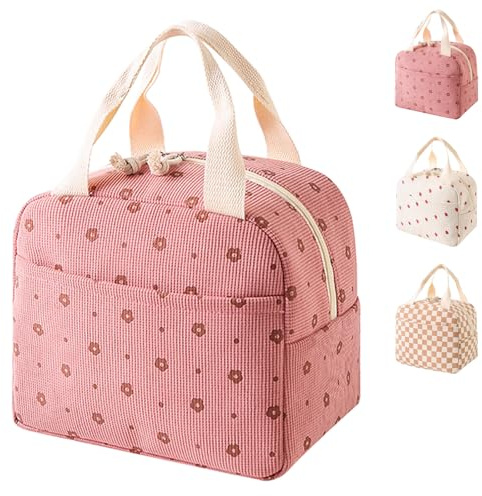 LaresDay Isolierte Lunch-Tasche aus Cord mit Thermo-Funktion | Extra Dicke Auslaufsichere Lunchbox | Große Kapazität Mittagstasche für Büro & Schule | Stylisches Design für Frauen (Kleine rosa Blumen)
