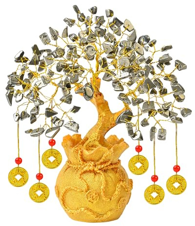 Árbol de cristal de pirita con base de maceta de monedas artificiales, bonsái para decoración del hogar y la oficina, buena suerte, 6 monedas de Feng Shui, dinero, riqueza, árbol de cristal dorado