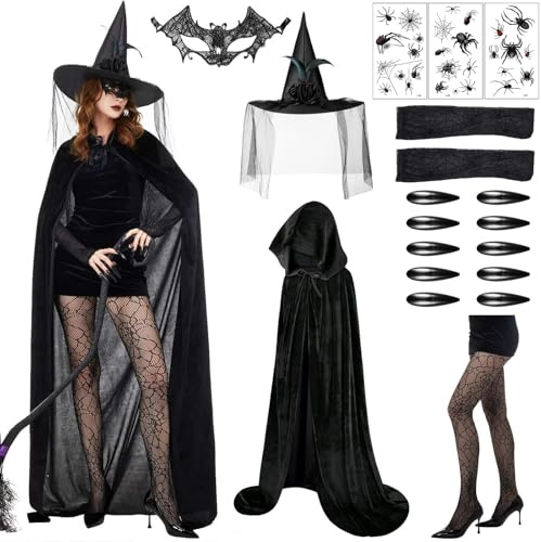 Witch Costume, 9 PCS Witch Costumes for Women Set with Witches Hat Cape Lace Eye Mask Spider Sleeves Fishnet Stockings Nails Stickers Spider Tattoo Stickers, for Halloween Masquerade (A, 145cm)