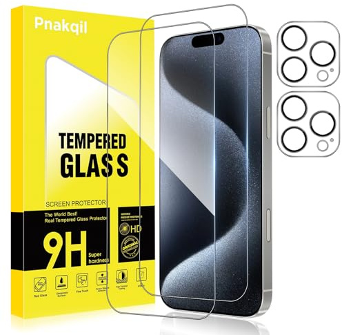 Pnakqil Verre Trempé pour iPhone 15 Pro avec Protection Camera Vitre Protecteur Anti-Rayures Sans Bulles Ultra Résistant Dureté 9H Appareil Objectif Photo Protege HD Film écran Glass,2+2 Pièces
