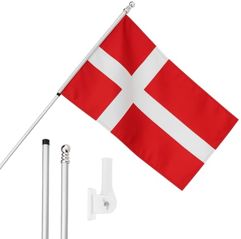 I LOVE FANCY DRESS Denmark Flag, Flagpole and Wall Mount - 5ft x 3ft Danish Flag with Grommets, Extendable Pole and Mount - Sports Supporter National Pride Indoor Outdoor Decoration