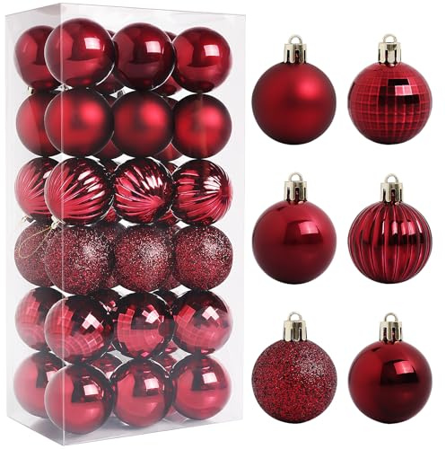 TranquilBliss 36 Pcs-1.57 Christmas Ball Ornaments, Shatterproof Hanging Balls, Tree Decorations for Xmas Tree, Wreath Decor, Holiday Party, Burgundy