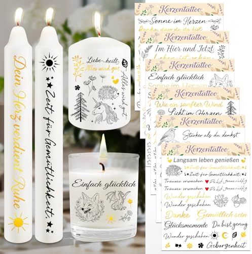 Leesgel 6 Stück Kerzentattoos, Wasserschiebefolie Wassertransferdruck, Kerzenaufkleber Sticker mit Sprüchen, für Stab und Stumpenkerzen, Glas, Tasse, DIY Kerzen, Kerzen Deko, Goldveredelung