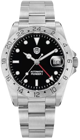 watchdives GMT - WD16570 V2 - Montre de plongée automatique à double fuseau horaire NH34 - 37 mm - Cristal saphir, noir/rouge, Montre de plongée