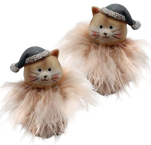 Logbuch-Verlag Figuras navideñas Gatos, 2 Unidades: decoración Navidad Interior con Gorro Invernal y Plumas, Figuras Decorativas Animales Invierno, Adornos Mesa y Ventana, 8 cm
