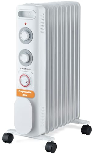 GRUNKEL RD-2000S Radiador de Aceite, 2000W-2500W, 9 Elementos, 3 Niveles de Potencia, Temporizador 24h, Termostato Regulable, Ruedas Multidireccionales