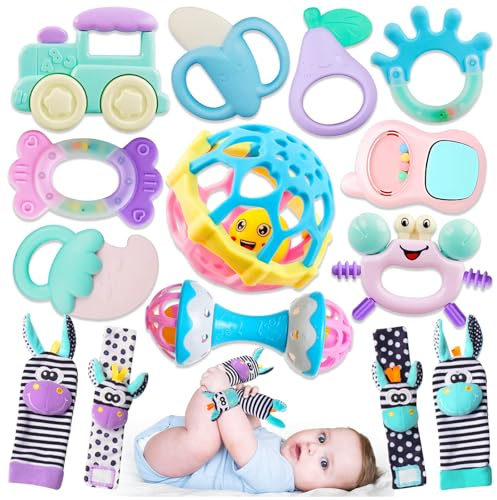 Baby Toys 0-6 Months - Baby Rattles Teething Toys 3-6 Month Infant Toys 6-12 Months Teether Toy 3 4 5 6 Month Old Newborn Essentials Must Haves Wrist Socks Toddler Stocking Stuffers Christmas Gifts