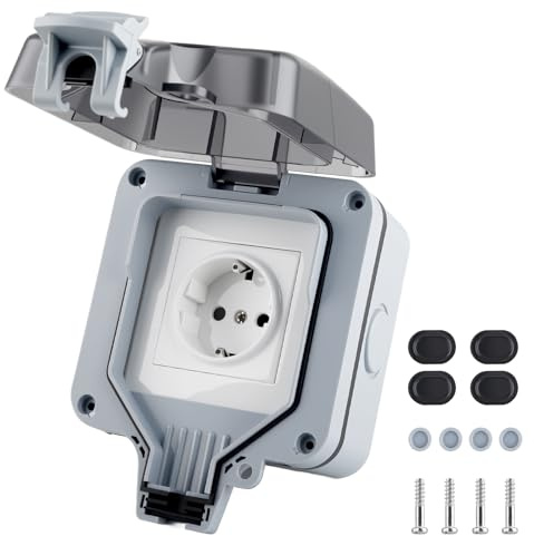 Wasserdicht Aussensteckdose IP66 16A mit Klappdeckel Feuchtraum SteckdoseAußen Outdoor Stromverteiler Aufputzsteckdose Wandmontage Gartensteckdose Elektroinstallation（Ein Loch）