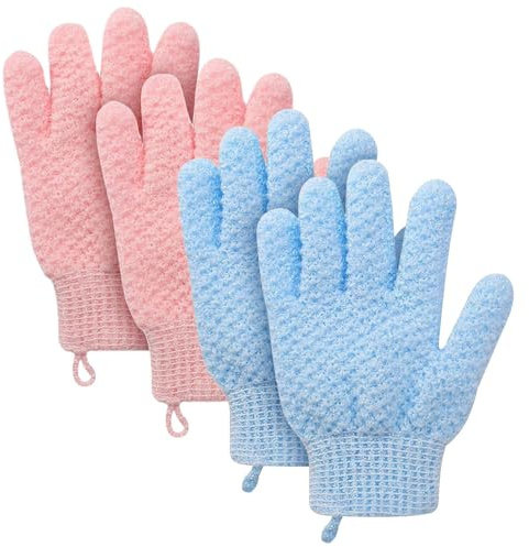 Angoily Peelinghandschuhe aus Polyester und Entfernung Abgestorbener Hautschüppchen 4 Stück mit Langem Riemen zur Tiefen Körperreinigung für Tägliche Anwendung unter Dusche