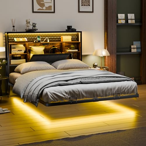 Bonnlo 4ft6 Double Bed Frame with Upholstered Storage Headboard/Charging Station/LED Lights,Floating Metal Bed Frame-Under Bed Storage/Mattress Foundation/Duty Metal Slats/No Box Spring Needed,135x190
