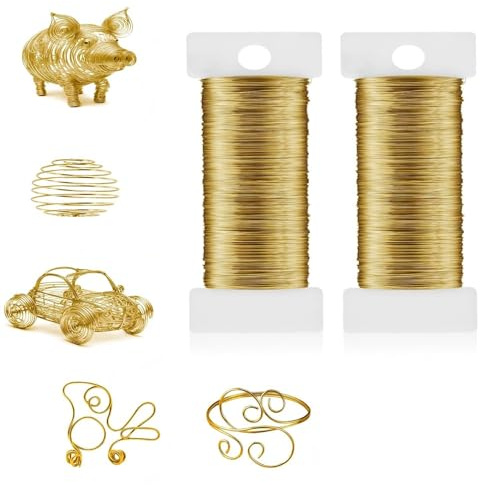 Alfven Alambre para Manualidades, 2 Rollos 50m, Ø 0,35mm, Alambre de metal Floral metálico para arreglos Florales para hacer joyas, ganchillo, manualidades (Oro)