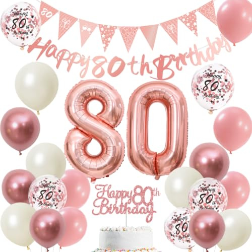 80. Geburtstag Deko Frauen Rosegold Happy 80th Birthday Banner Luftballon, Zahl 80 Folienballon, Tortendeko für 80 Geburtstagsdeko Frau