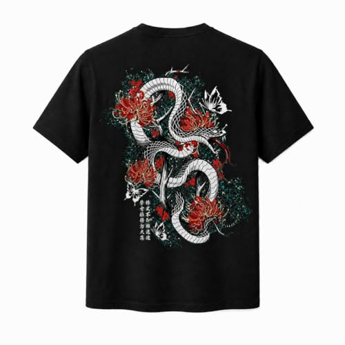 VERADEA T Shirt Uomo Cotone 100%, Maglietta Nera Manica Corta con Stampa Drago Serpente sul Retro, Girocollo, vestibilità, Streetwear Casual Estiva (IT, Testo, S, Regular, Regular)