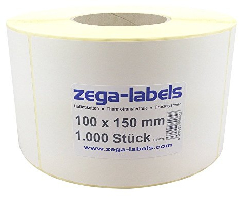 zega-labels Thermotransfer Etiketten - 100 x 150 mm - 1.000 Stück je Rolle - Kern Ø 76 mm - stark haftend - mit Perforation - Druckverfahren: Thermotransfer (Verwendung mit Farbband)