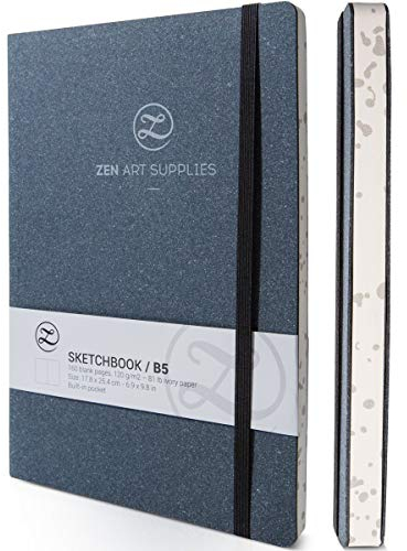 ZenART Skizzenbuch für Künstler aus Leder - 160 Leere Seiten von 120 GSM Säurefreiem, Elfenbeinfarbenem Papier – B5 17,8 x 25,4 cm Flachliegend, Biologisch Abbaubar, für Zeichnung, Aquarell oder Tinte