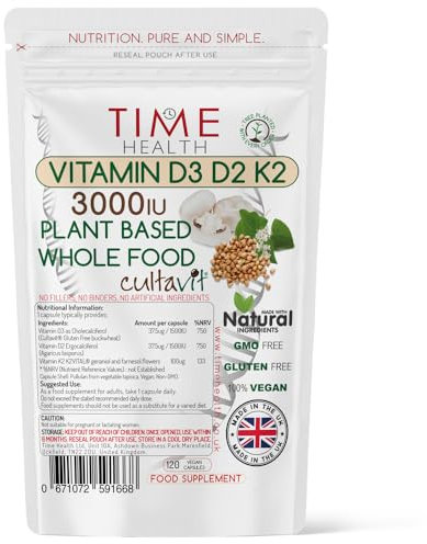 Vitamin D3, D2, K2, Natural Wholefood Plant Based 3000IU - Zero Additives - Pullulan (120 Capsules)