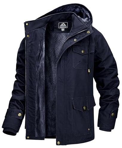 MAGCOMSEN Giacca da uomo in cotone Giacche da lavoro all'aperto Giacca invernale antivento Uomo Giacche da equitazione calde Felpe con cappuccio in pile Parka Muli-tasche, Navy, S