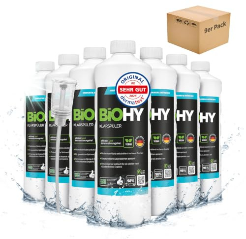BiOHY Klarspüler (9 x 1 Liter) + Dosierer | Bio Geschirrspülmittel | ideal für alle Spülmaschinen | EXTRA STARKER Fettlöser für Gastronomie & Haushalt | frischer Glanz auf Glas & Geschirr