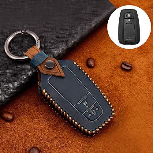 ontto Rindsleder Autoschlüssel Hülle Cover für Toyota Camry CH-R Prius RAV4 86 Corolla Yaris Land Cruiser Prado Schlüsselhülle mit Schlüsselanhänger Schlüssel Schutz Etui Fernbedienung 2 Tasten-Blau