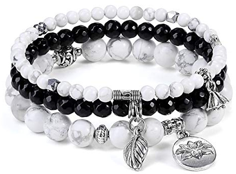 JSDDE Schmuck Wickelarmband Mehrschichtiges Armbänder Set Freundschaftsarmband Partnerarmbänder aus Edelsteine Heilsteine mit Lotus Blätter Anhänger für Damen Frauen (Weißer Howlite)