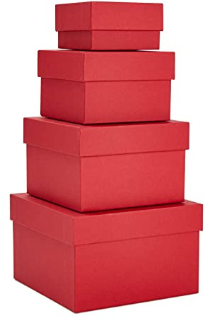 Stockroom Plus Red Gift Box Set - 4 Square Nesting Containers, 6.5x6.5x4 to 3.5x3.5x2 in - Lidded Gift & Storage Containers, Stackable Space-Saving Design