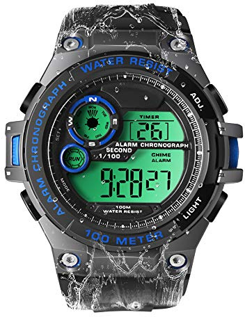 Herren Jungen Sport Taucheruhr 10 ATM Wasserdichte Schwimmuhr mit Funktionen von Stoppuhr, Chronograph, Wecker, Doppelte Zeitzonenanzeige, 12/24 Stunden Format Wählbar, Band