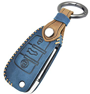 HIBEYO Smart Autoschlüssel Hülle passt für Audi Schutzhülle Schlüssel Gehäuse Schlüsselhülle Cover für Audi A1 A3 A4 A6 Q3 Q5 Q7 S3 R8 TT 3 Tasten Fernbedienung mit Leder Schlüsselanhänger-Blau