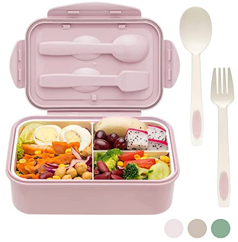 Kaket Bento Lunch Box, Bento Boxes, Meal Prep Containers with Fork and Spoon, Multi Compartment Bento for Adults Kids, Dishwasher Safe Micro-Wave Safe (Pink)