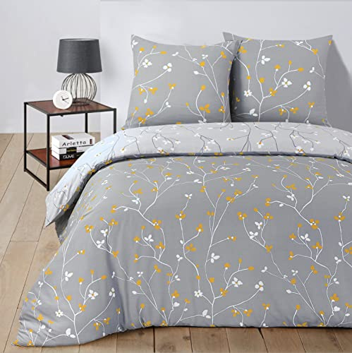 Vision Wende-Bettwäsche, 100 % Baumwolle, Freya-Blumen, Grau, Doppelbett (240 x 220 cm), Bettbezug und 2 Kissenbezüge (65 x 65 cm), weich und bequem, Oeko-Tex-zertifiziert