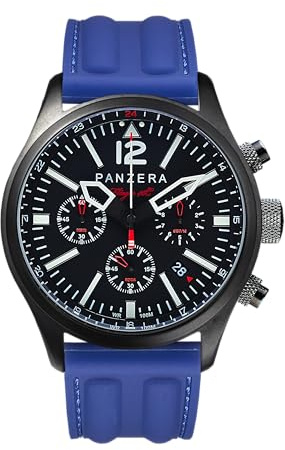 Panzera Flieger 46 Chronograph Quarz Stahl IP Schwarz Silikon Pilot Blau Datum Herren Uhr
